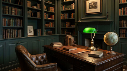 Home Office Leather Chair Classic Lamp Green Bookshelves Interior