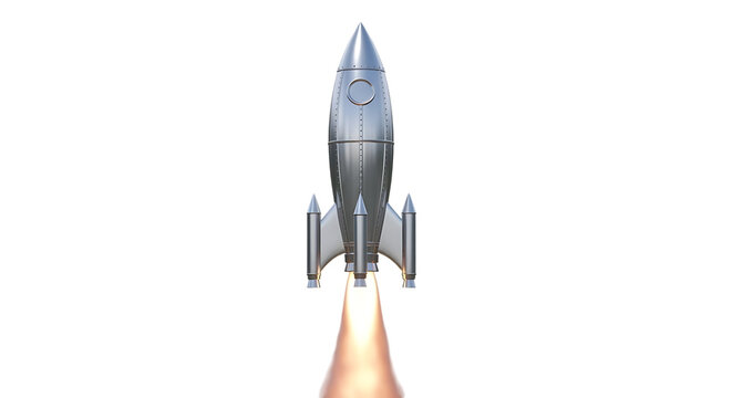 Silver retro rocket ship, with fiery exhaust launching upwards, isolated on a white or transparent background, cutout, PNG - Powered by Adobe