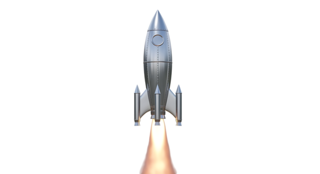 Silver retro rocket ship, with fiery exhaust launching upwards, isolated on a white or transparent background, cutout, PNG