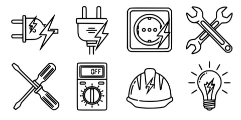 Electrician tool icons set with lightning symbols, plug, socket, wrenches, screwdrivers, multimeters, hard hat and light bulb for electrical work