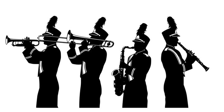 Marching band silhouettes with trumpet, trombone, flute, saxophone, clarinet, musicians in uniform, parade performance, musical ensemble illustration design artwork