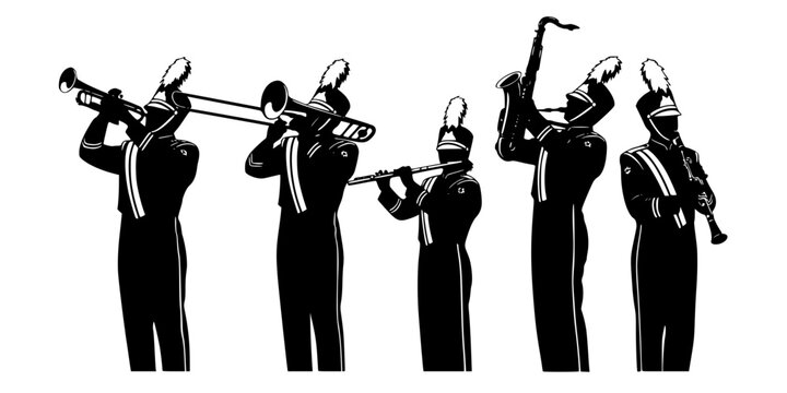 Marching band silhouettes with trumpet, trombone, flute, saxophone, clarinet, musicians in uniform, parade performance, musical ensemble illustration design artwork