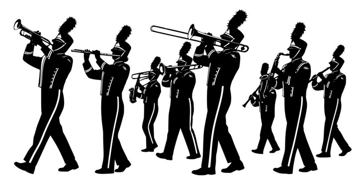Marching band silhouettes with trumpet, trombone, flute, saxophone, clarinet, musicians in uniform, parade performance, musical ensemble illustration design artwork