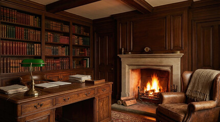 Vintage Study Wood Paneling Leather Books Glowing Fireplace Interior
