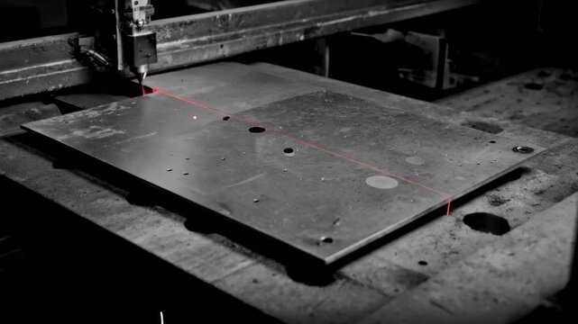 Laserguided system scanning aluminum sheets to detect surface defects highlighting cuttingedge technology in material inspection processes.