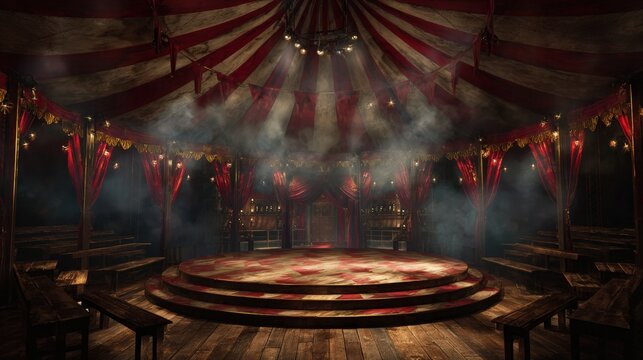 Empty vintage circus tent with a spotlight on the central wooden stage surrounded by empty benches and red curtains in a smokey, dark atmosphere, 3D render