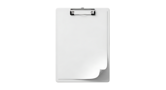 White Clipboard, with Blank Paper and Silver Clip, isolated on a white or transparent background, cutout, PNG