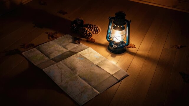 Lantern lighting map on wooden floor alongside pinecones
