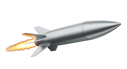 Silver Rocket Missile, with Fiery Exhaust Plume, isolated on a white or transparent background, cutout, PNG