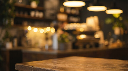Blurred Cozy Cafe Corner Worn Wooden Table Background Lights
