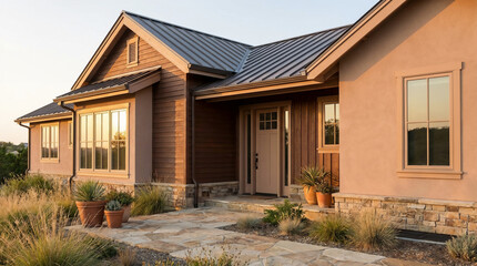 House Facade Exterior Neutral Colors Golden Hour Lighting Outdoors