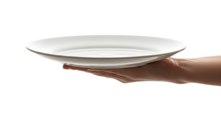 Hand holding a white ceramic dinner plate, with a subtle sheen, isolated on a white or transparent background, cutout, PNG