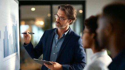 Businessman discussing sales data with team whiteboard graphs backs to camera meeting room performance review faceless no visible faces analytics with copy space
