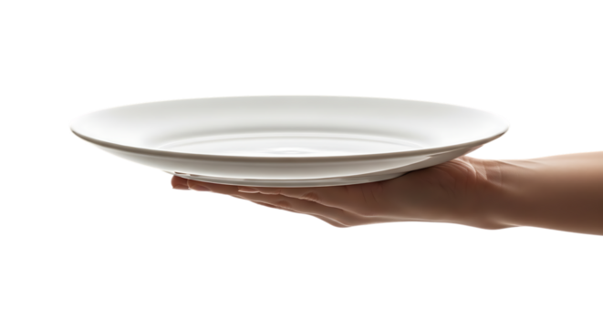 Hand holding a white ceramic dinner plate, with a subtle sheen, isolated on a white or transparent background, cutout, PNG