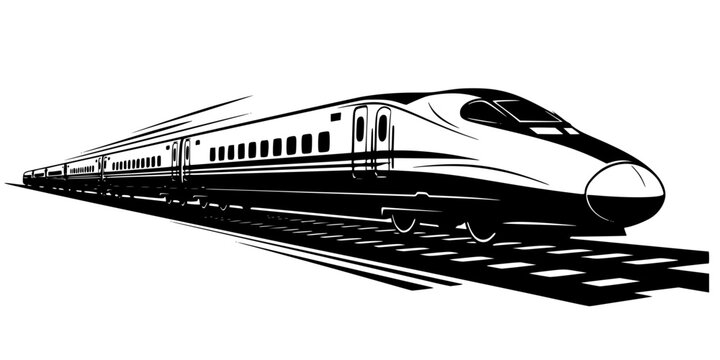High speed bullet train silhouette, modern transportation, fast travel, sleek design, motion lines, railway technology, futuristic transport, black illustration artwork