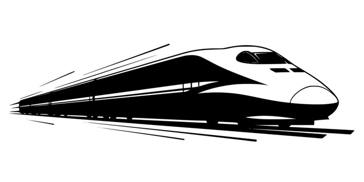 High speed bullet train silhouette, modern transportation, fast travel, sleek design, motion lines, railway technology, futuristic transport, black illustration artwork