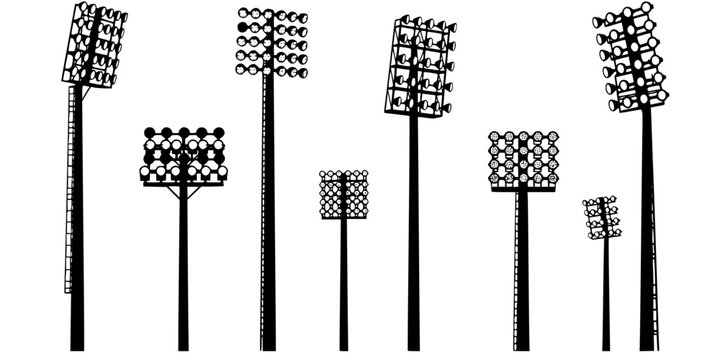 Stadium light pole silhouette set, floodlight vector illustration, sports field illumination design, outdoor arena lighting system, electricity infrastructure drawing, engineering lamp collection 