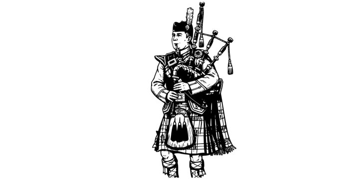 Traditional Scottish bagpiper musician in kilt, cultural heritage performance, bagpipes music, Highland attire, Celtic festival celebration, marching band parade illustration