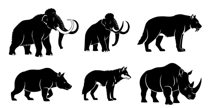 Prehistoric and modern animal silhouettes, mammoth saber‑toothed cat bear wolf rhino, megafauna art, vector illustration, wildlife icon, nature design, extinct species, ice age fauna