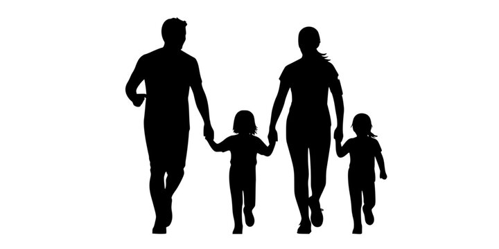 Running family silhouettes, fitness activity, healthy lifestyle, parent and child jogging, black vector art, outdoor exercise, bonding momentRunning family silhouettes