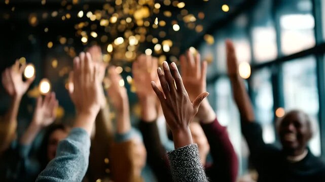 Diverse group celebrating in inclusive environment confetti and hands raised backs to camera multicultural gathering faceless no visible faces diversity unity with copy
