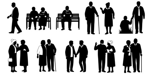 A vector collection of black silhouettes featuring elderly people, senior couples, and individuals in various daily life poses and activities.