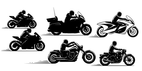 Naklejka premium Silhouettes of motorcycles with riders in varied styles, sport bike, touring, cruiser designs, dynamic riding postures, creative transportation concept art