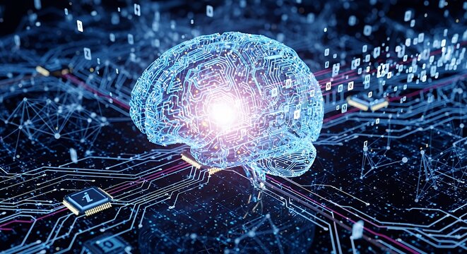 Conceptual artificial intelligence brain with glowing blue circuits on a futuristic digital network background, surrounded by binary data and microchips.
