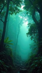 A dense, dark rainforest canopy, shrouded in mist, with a sense of impending danger lurking within the shadows The air hangs heavy with humidity and the unseen , mysterious, nature, atmosphere