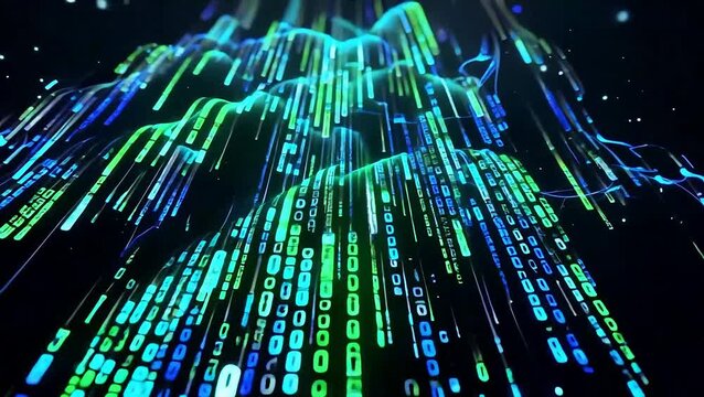 A mesmerizing animation showcasing ethereal streams of complex digital information. Vibrant electric blue and luminous green data flows fluidly across a vast, deep black void.
