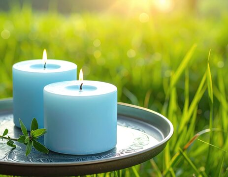 Two blue candles burn outdoors on metal tray in grass