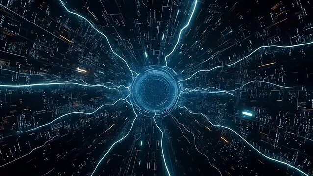 A mesmerizing animation showcasing ethereal streams of complex digital information. Vibrant electric blue and luminous green data flows fluidly across a vast, deep black void.
