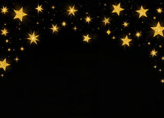Top border of sparkling gold stars on black background, elegant holiday banner