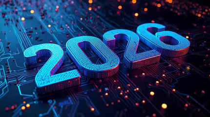 Futuristic 2026 New Year typography with glowing neon lights and digital circuit background creating a modern festive celebration theme in a high-tech style