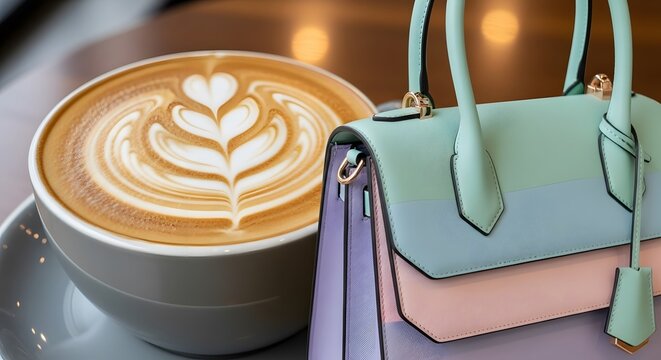 Latte art in white cup with pastel color handbag sitting on table in a cafe setting close up view