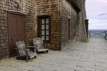 Galerie de bois et bancs, jour, horizontal