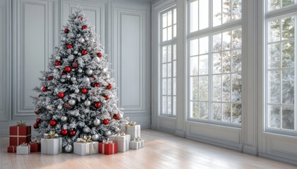 Flocked evergreen is decorated with red and silver ornaments beside large white windows showing a snowy outdoor scene