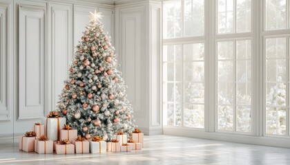 Elegantly decorated evergreen stands surrounded by wrapped presents inside a bright room with snowy exterior view