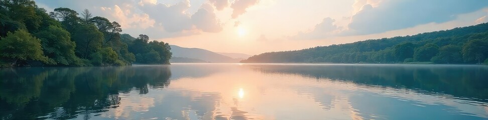 Fototapeta premium A serene lakeside scene; tranquil water reflects a peaceful sky, embodying the calm and restorative power of rest and loyalty , shadow, lake