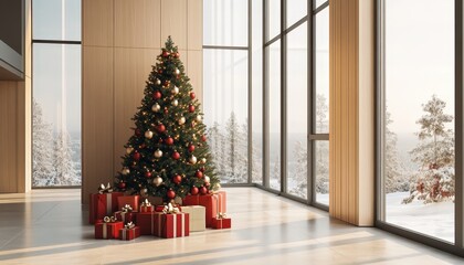 Illuminated holiday tree stands ready with wrapped presents inside a modern space overlooking a snowy landscape