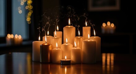 Obraz premium Candles glow warmly on table, signifying Day of Little Candles, eve of Feast of Immaculate Conception, Catholic tradition, Colombia.