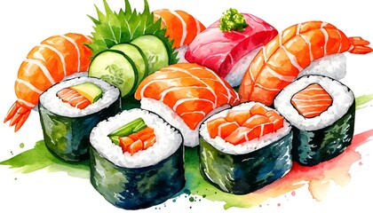This watercolor illustration is ideal for restaurant menus, food blog graphics, promotional flyers for Japanese cuisine, or decorative prints.
