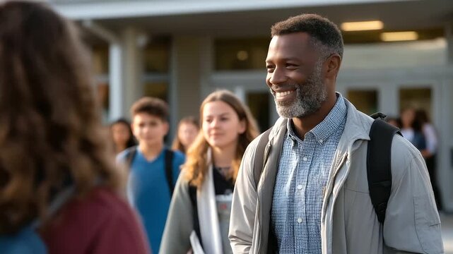 High school teacher walking with diverse students outside school building group backs moving through campus mentoring vibe outdoor education faceless no visible faces