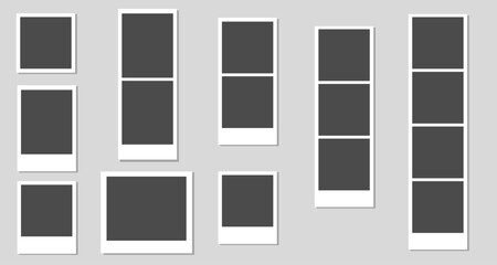 Collection of empty instant photo frames, various orientations and strip designs for collages, ideal for memories, galleries, or social media mockups