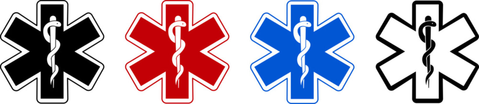 Collection of emergency medical services logos, featuring the Star of Life symbol in black, red, and blue variations, representing rescue and ambulance operations