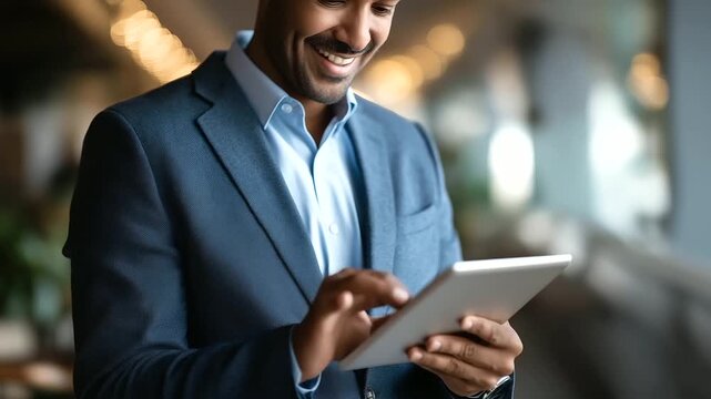 Indian businessman smiling with digital tablet three quarter torso head cropped above nose line modern interior bokeh professional technology faceless no visible faces table