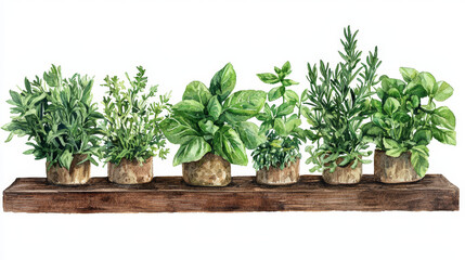 A watercolor painting of a variety of fresh herbs in small pots displayed on a rustic wooden shelf.