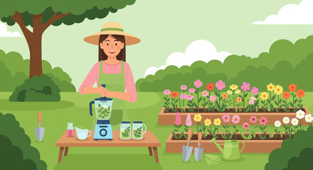 Fototapeta premium Woman prepares natural beauty product from plants in a lush flower garden