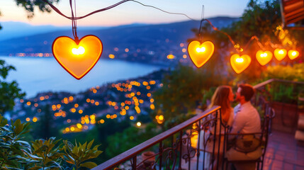 Obraz premium Romantic couple shares a kiss on a balcony overlooking a glittering city and sea at dusk lit by heart-shaped lanterns.