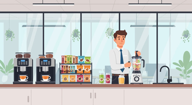 Animated office worker preparing a smoothie in the corporate kitchen space